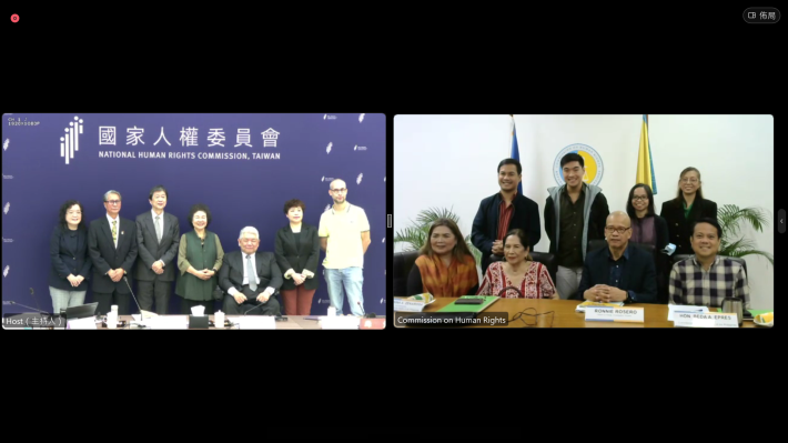 臺灣人權會成員與菲律賓人權會成員透過視訊會議軟體進行合影。