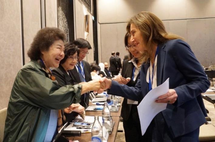 NHRC Chairperson Chen Chu congratulates Ms. Samar Khaled al Haj Hassan, Chairperson of the Jordan National Centre for Human Rights, on her election as the new APF Chairperson