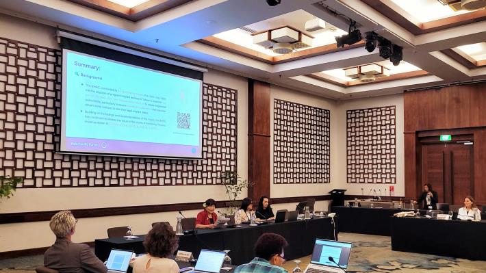 Vice Chairperson Hui-Jung Chi presents NHRC’s work about the inquiry report “How Migrant Workers Raise Their Children in Foreign Countries” under the theme of gender equality